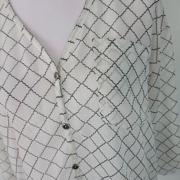 CAbi Size S Chessboard Blouse Black White Sheer Button Up Roll Tab Sleeve Office - Picture 3 of 11